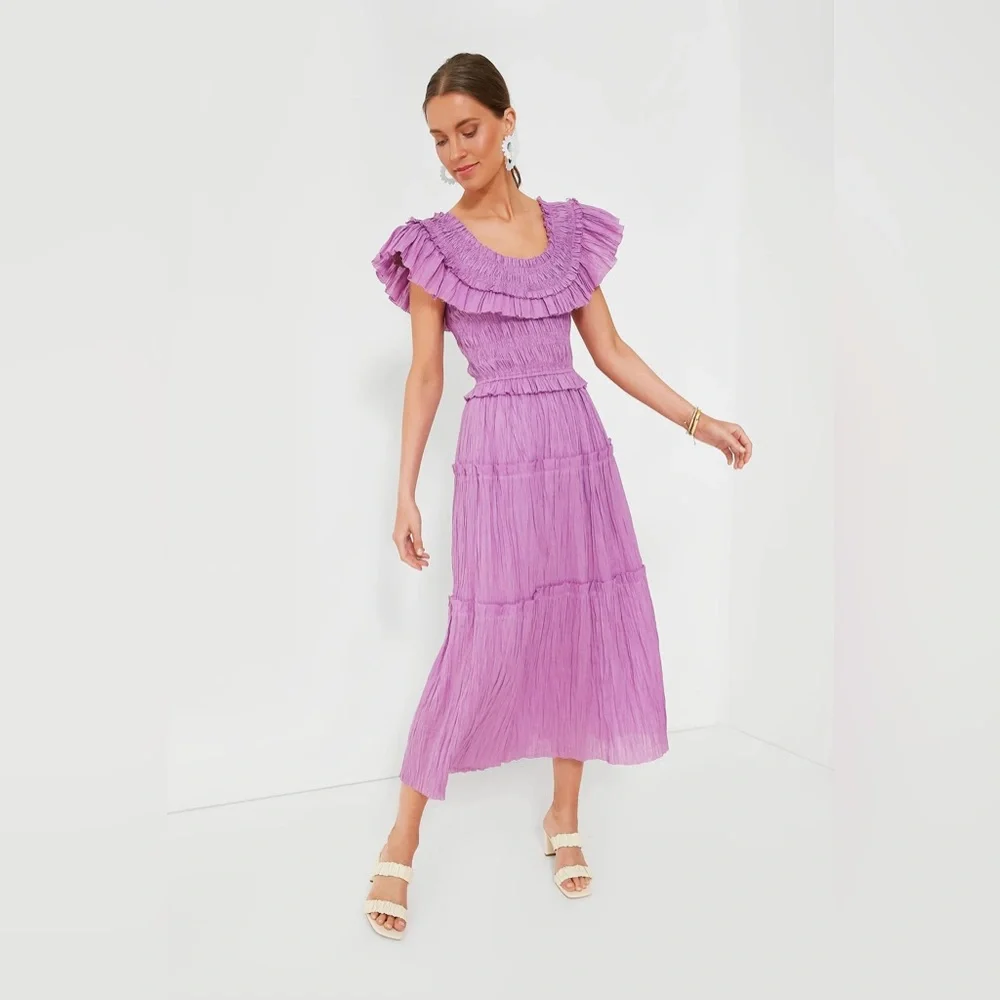 Lavender Micah Solid Ramie Flutter Sleeveless Dress - Picture 5 of 6